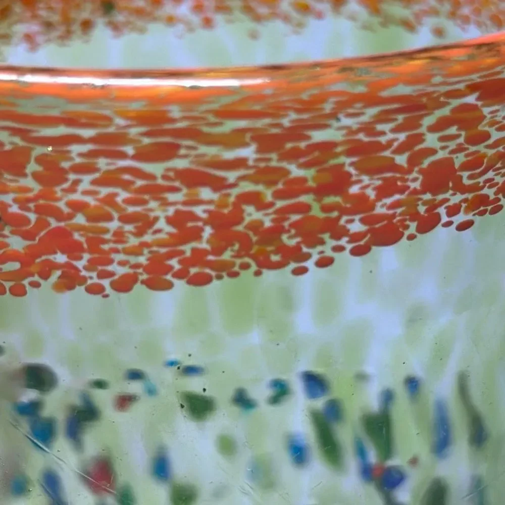 Tinted‎ Green Glass with Textured Specks of Paint and Orange Rim Unique Art Deco